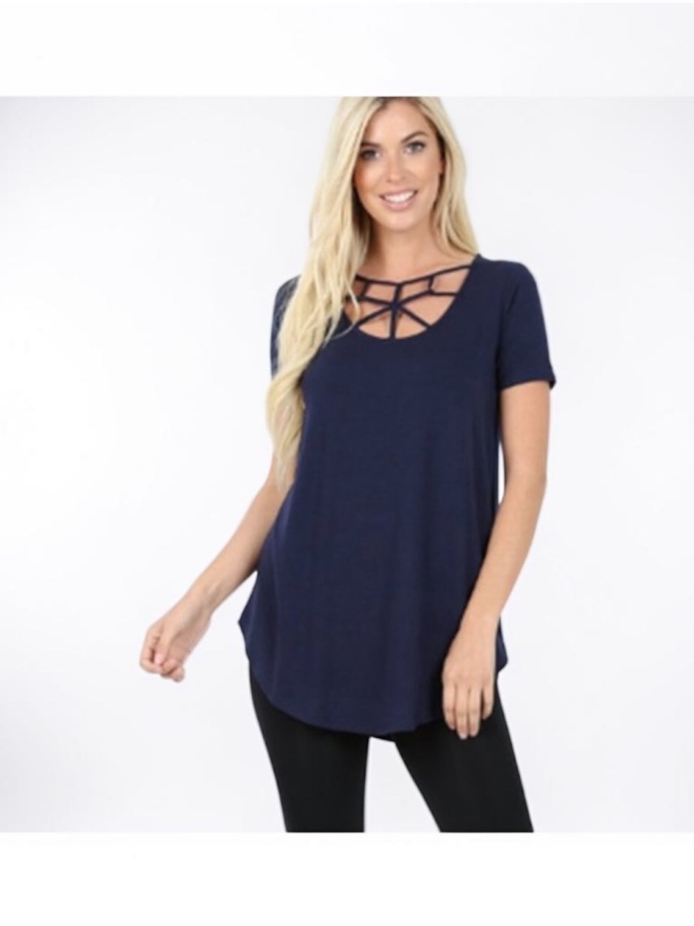 Zenana Outfitters Navy Short Sleeve Strappy Cage Neck Tee